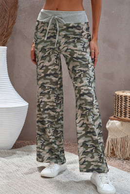 Camouflage Print Drawstring Waist Wide Leg Pants
