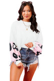 Pink Leopard Splicing Waffle Knit Puff Sleeve Blouse