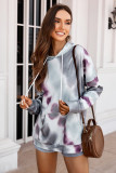 Gray Dropped Sleeve Tie-dye Kangaroo Pocket Hoodie with Drawstring