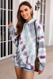 Gray Dropped Sleeve Tie-dye Kangaroo Pocket Hoodie with Drawstring