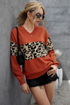 Red Leopard Colorblock V Neck Knit Sweater