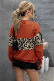 Red Leopard Colorblock V Neck Knit Sweater