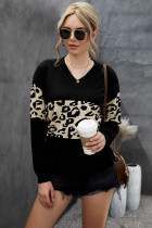 Black Leopard Colorblock V Neck Knit Sweater