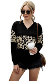 Black Leopard Colorblock V Neck Knit Sweater