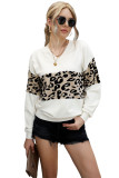 White Leopard Colorblock V Neck Knit Sweater