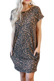 Leopard Short Sleeve Backless Pocketed Mini Dress