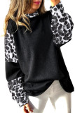 Black Leopard Colorblock Mock Neck Long Sleeve Top