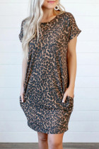 Leopard Short Sleeve Backless Pocketed Mini Dress