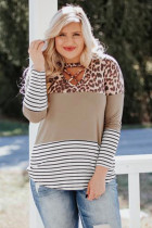 Leopard Colorblock Striped Long Sleeve Plus Size Top