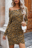 Brown Leopard Print Ruched Arched Hem Mini Dress