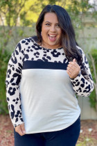 Plus Size Leopard Colorblock Long Sleeve Top