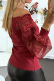 Red Off The Shoulder Lace Sheer Puff Sleeve Blouse