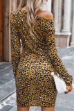 Brown Leopard Print Ruched Arched Hem Mini Dress