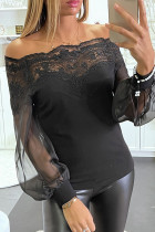 Black Off The Shoulder Lace Sheer Puff Sleeve Blouse