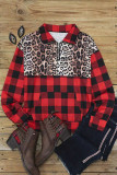 Buffalo Plaid Leopard Splicing Zipper Collar Pullover Sweatshirt