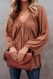 Brown Swiss Dot Lace-up V Neck Long Sleeve Top