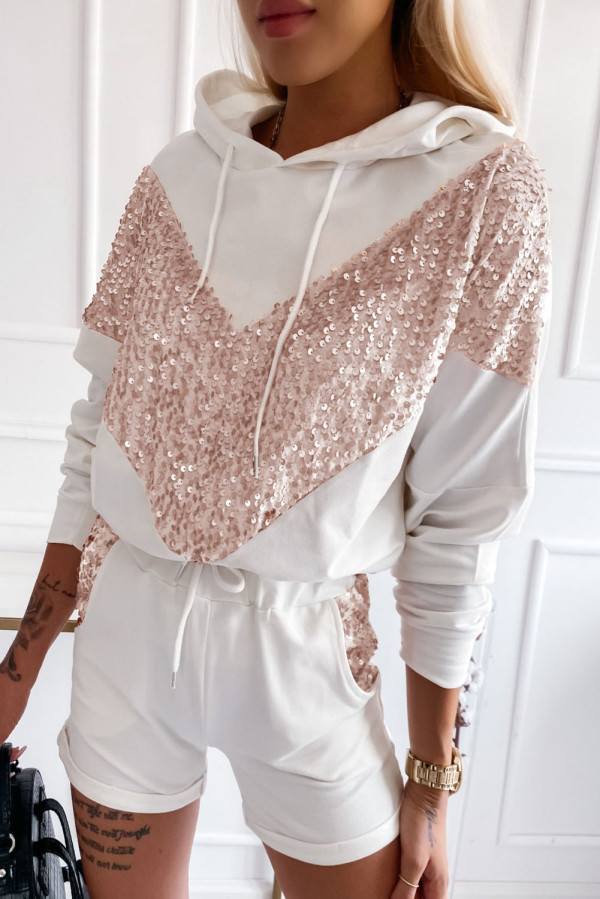 White Chevron Sequin Pullover Hoodie