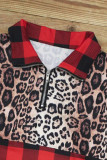 Buffalo Plaid Leopard Splicing Zipper Collar Pullover Sweatshirt