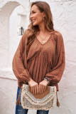 Brown Swiss Dot Lace-up V Neck Long Sleeve Top