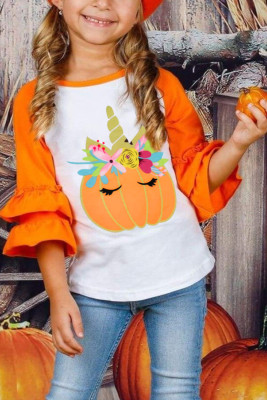 Pumpkin Print Colorblock Ruffled 3/4 Sleeve Girl's Shirt