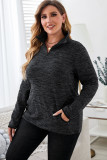 Black Heathered Turn-down Zip Collar Plus Size Sweatshirt