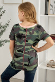 Little Girl Contrast Trim Green Camo Print T-shirt with Knot