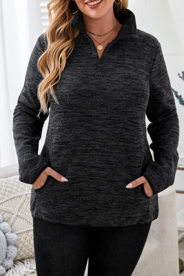 Black Heathered Turn-down Zip Collar Plus Size Sweatshirt