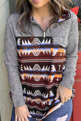 Aztec Geometric Zipper Collar Fake Pocket Sweatshirt