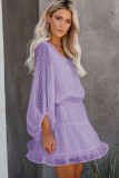Purple Waved Stripes Textured Balloon Sleeve Tiered Dress