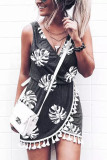 Black Palm Leaves Print Tassel Wrap V-Neck Mini Dress