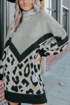 Gray Turtleneck Chevron Leopard Knit Sweater Dress
