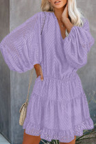 Purple Waved Stripes Textured Balloon Sleeve Tiered Dress