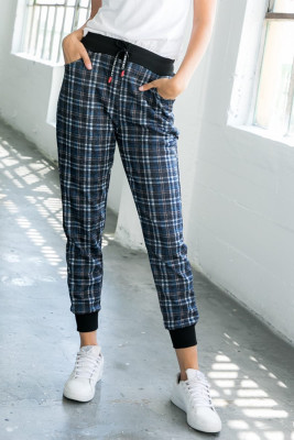 Blue High Waisted Drawstring Plaid Joggers with Pockets
