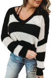 Black Colorblock V Neck Pullover Knit Sweater