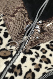 Black Chevron Sequin Leopard Patchwork Zip up Jacket