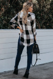 Black Turn Down Collar Plaid Button Blouse with High/Low Hem