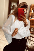 White Flare Lace Sleeve Ribbed Knit Top