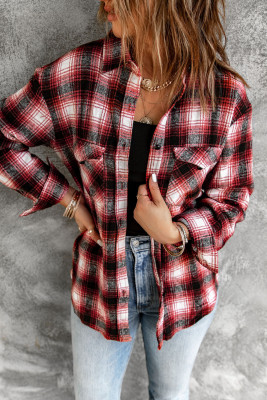 Red Buttons Pocketed Plaid Shacket