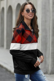 Red Plaid Color Block Zipper Turn Down Collar Long Sleeve Top
