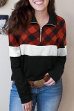 Red Plaid Color Block Zipper Turn Down Collar Long Sleeve Top