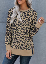 Brown Round Neck Long Sleeve Leopard Print Loose Fit Sweatshirt