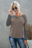 Brown Casual Striped Color-Block Crew Neck Shirt