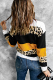 Orange Crewneck Leopard Color Block Knit Pullover Sweater