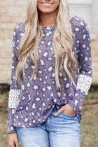 Leopard Lace Hollow-out Waffle Knit Long Sleeve Top