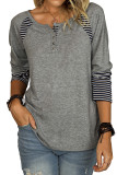Gray Casual Striped Color-Block Crew Neck Shirt