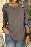 Brown Casual Striped Color-Block Crew Neck Shirt