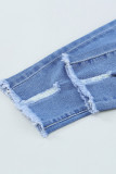 Sky Blue Drawstring Elastic Waist Hole Ripped Jeans