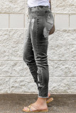 Gray Drawstring Elastic Waist Hole Ripped Jeans