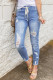 Sky Blue Drawstring Elastic Waist Hole Ripped Jeans