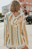 Multicolor Striped V Neck Bell Sleeve Hooded Sweater